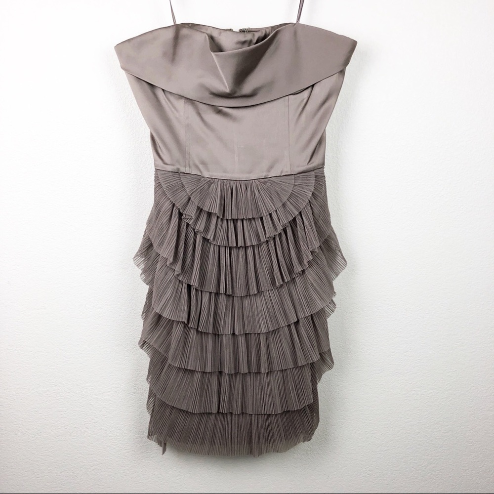 BCBG Taupe Tiered Satin Tulle Strapless Dress
